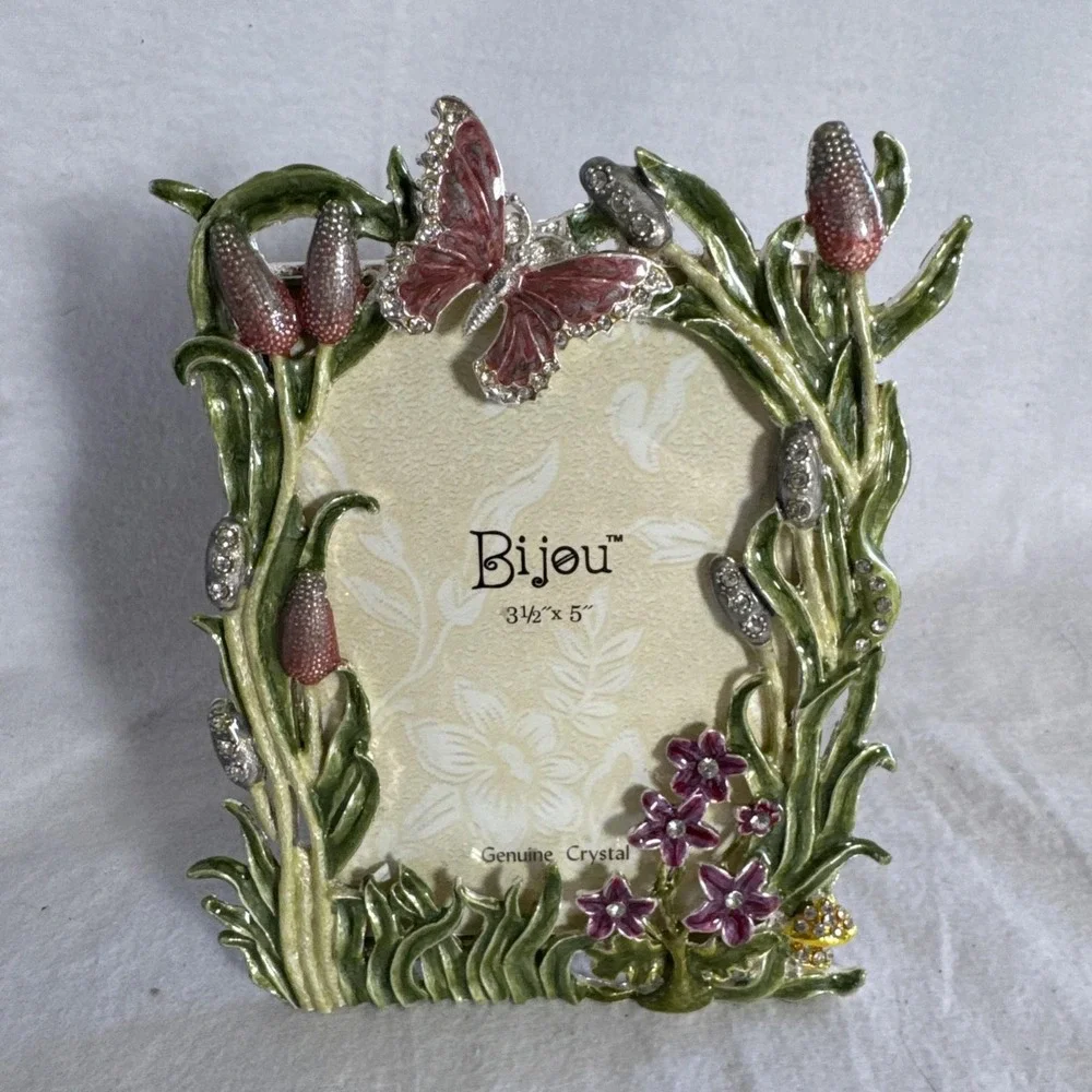 Bijou Jeweled Enameled Butterfly/Lily Picture Frame (insert: 3.5x5